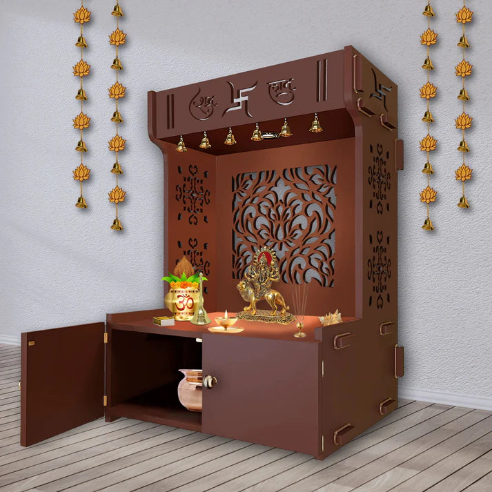 Designer Intricate Jali Design Pattern Floor Temple with Spacious Wooden Shelf & Inbuilt Focus Light- Brown Finish