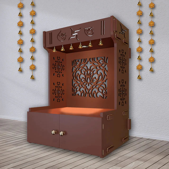 Designer Intricate Jali Design Pattern Floor Temple with Spacious Wooden Shelf & Inbuilt Focus Light- Brown Finish