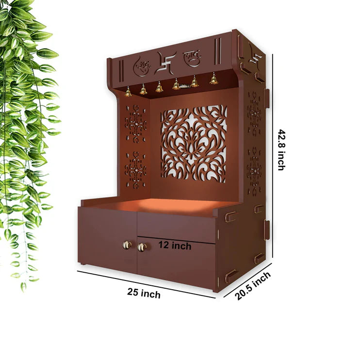 Designer Intricate Jali Design Pattern Floor Temple with Spacious Wooden Shelf & Inbuilt Focus Light- Brown Finish