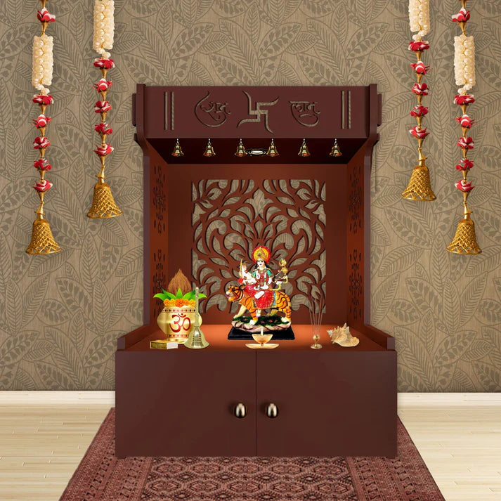Designer Intricate Jali Design Pattern Floor Temple with Spacious Wooden Shelf & Inbuilt Focus Light- Brown Finish