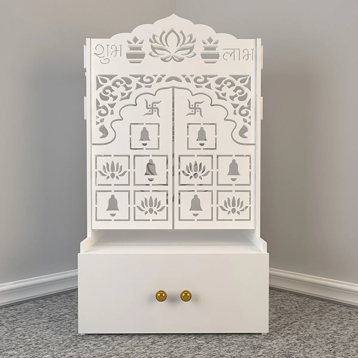 Lotus Wooden Floor Door Temple for Home With Inbuilt focus Lights & Spacious Shelf