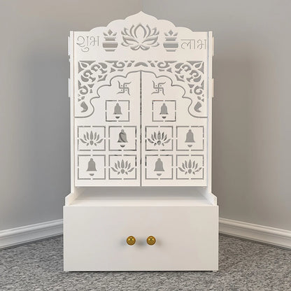 Lotus Wooden Floor Door Temple for Home With Inbuilt focus Lights & Spacious Shelf