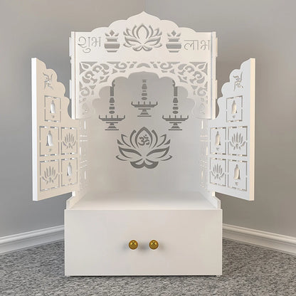 Lotus Wooden Floor Door Temple for Home With Inbuilt focus Lights & Spacious Shelf