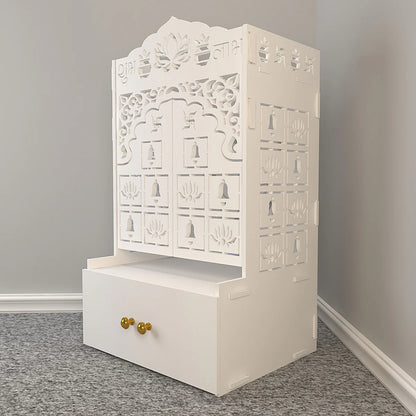 Lotus Wooden Floor Door Temple for Home With Inbuilt focus Lights & Spacious Shelf