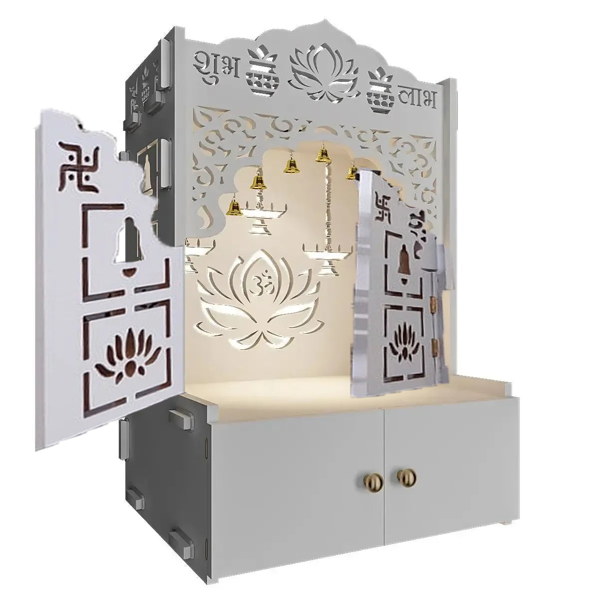 Lotus White Finish Wooden Door Wall Temple For Home With Inbuilt Focus Lights & Spacious Shelf