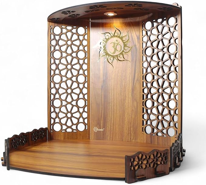 Bappa Beautiful Wooden Wooden Pooja Mandir for Home or Puja Temple Stand for Office and Shops with Led spot Light for Table top only