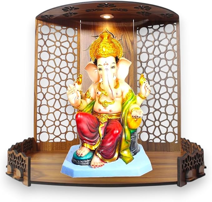 Bappa Beautiful Wooden Wooden Pooja Mandir for Home or Puja Temple Stand for Office and Shops with Led spot Light for Table top only