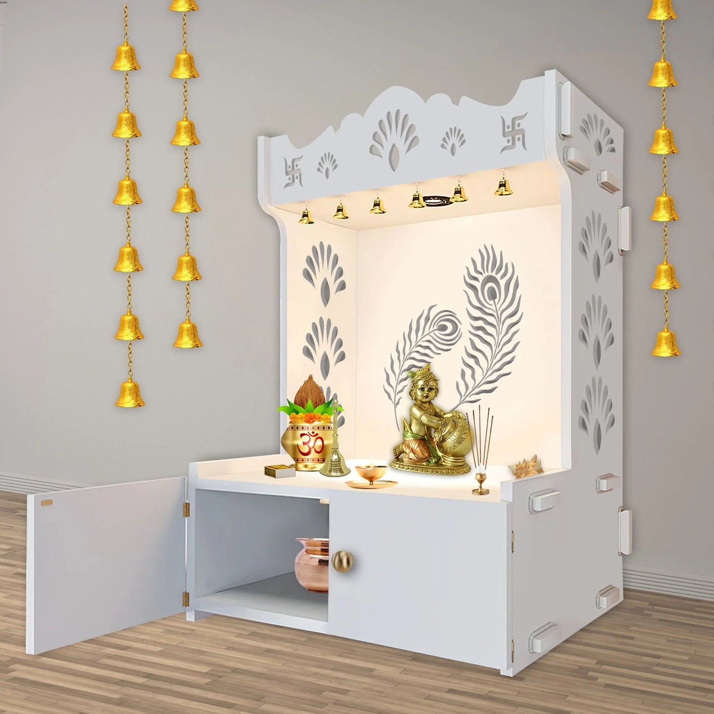 Premium Art of Mor Pankh Floor Temple with Spacious Wooden Shelf & Inbuilt Focus Light- White Finish