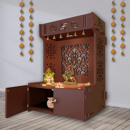 Designer Intricate Jali Design Pattern Floor Temple with Spacious Wooden Shelf & Inbuilt Focus Light- Brown Finish
