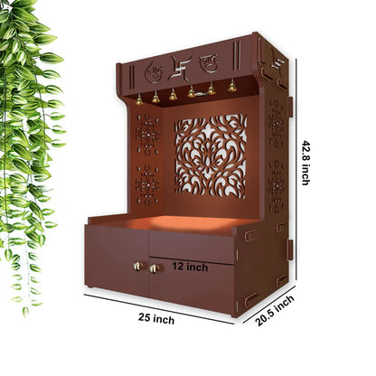 Designer Intricate Jali Design Pattern Floor Temple with Spacious Wooden Shelf & Inbuilt Focus Light- Brown Finish