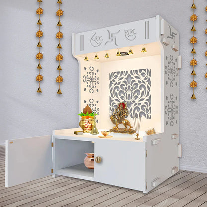 Designer Intricate Jali Design Pattern Floor Temple with Spacious Wooden Shelf & Inbuilt Focus Light- White Finish