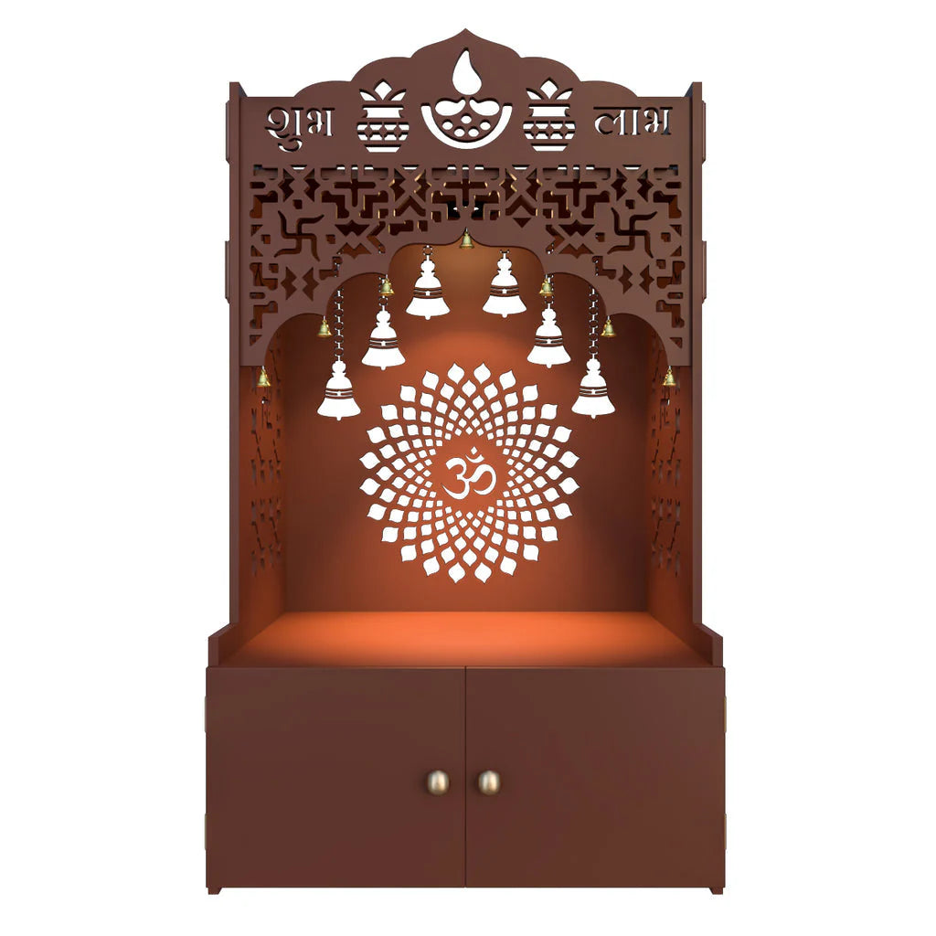 Divine Wooden Floor Temple with Spacious Shelf & Inbuilt Focus Light- Brown