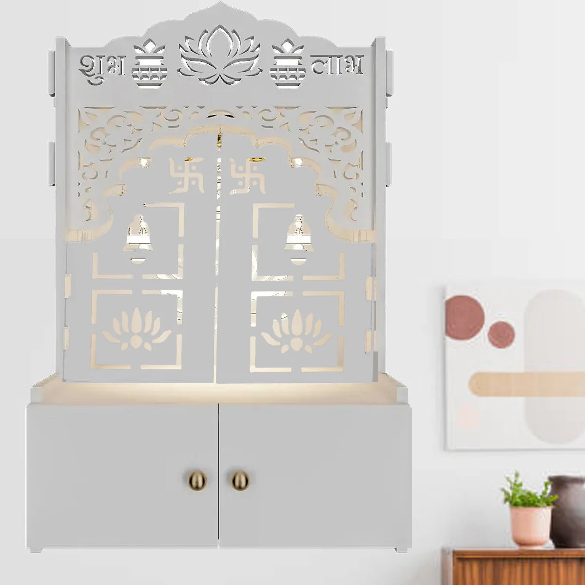 Lotus White Finish Wooden Door Wall Temple For Home With Inbuilt Focus Lights & Spacious Shelf